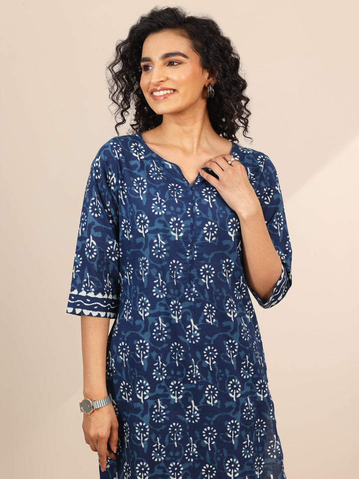 Indigo Printed Cotton Straight Suit Set With Dupatta