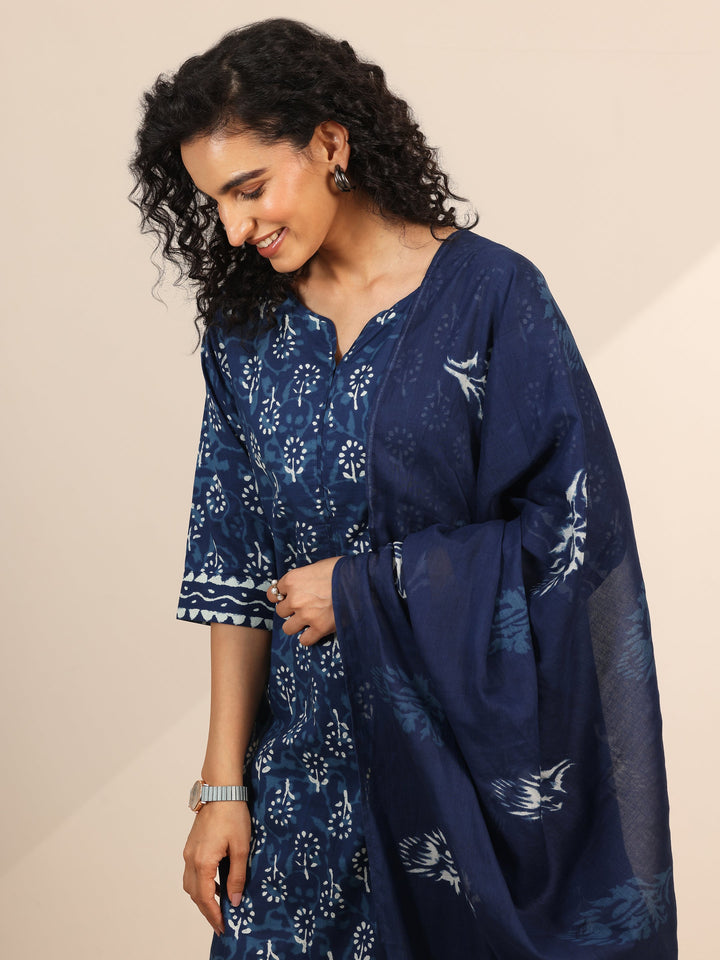 Indigo Printed Cotton Straight Suit Set With Dupatta