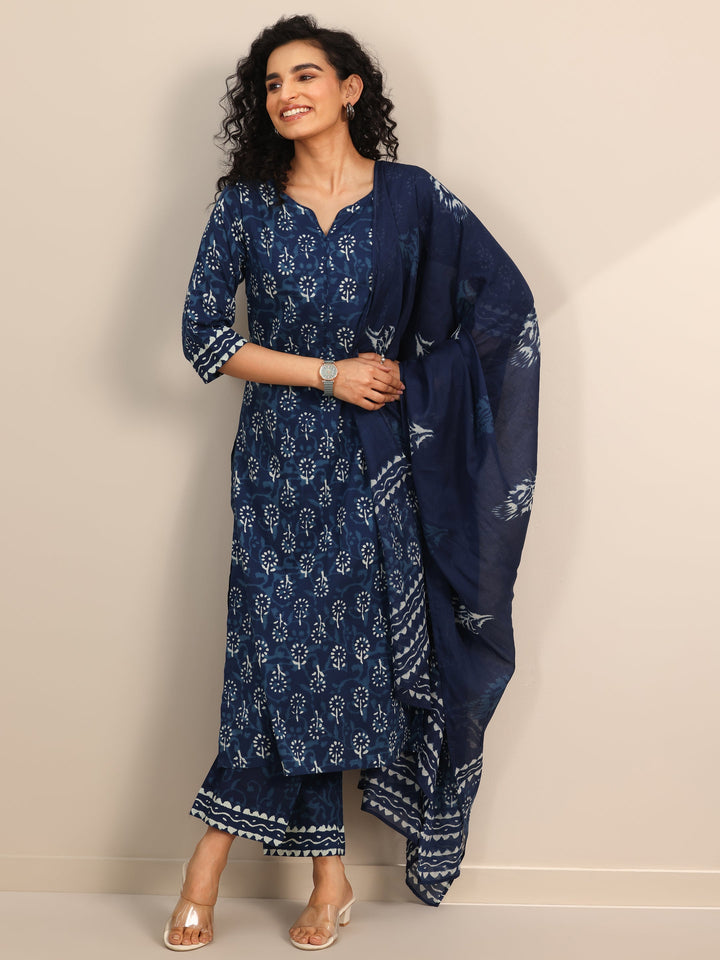 Indigo Printed Cotton Straight Suit Set With Dupatta