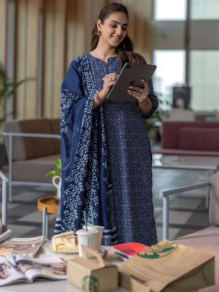 Indigo Printed Cotton Straight Suit Set With Dupatta