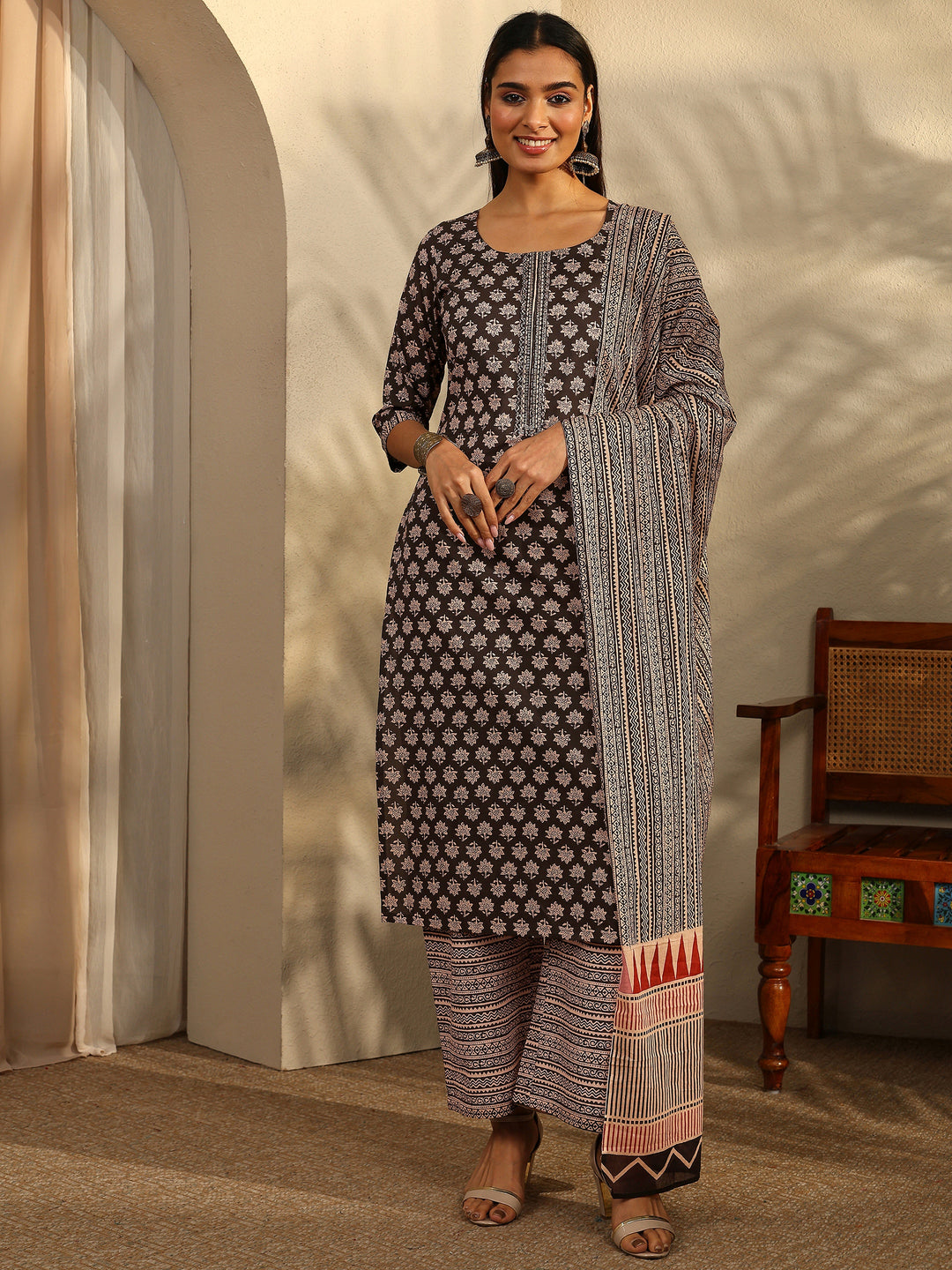 Black Printed Cotton Straight Suit With Dupatta