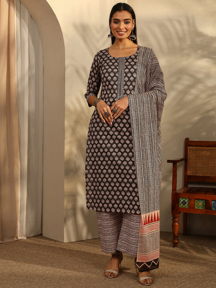 Black Printed Cotton Straight Suit With Dupatta