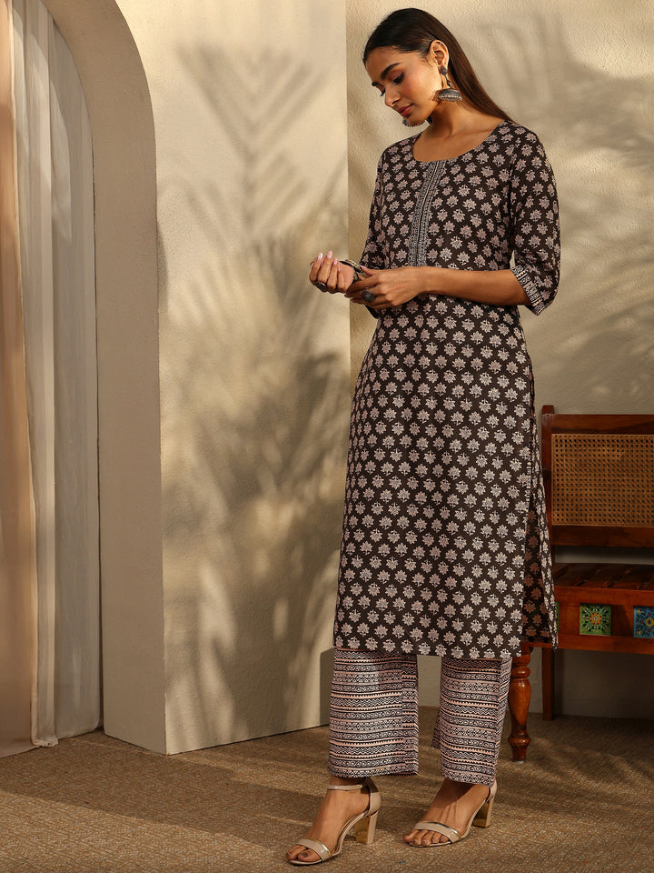 Black Printed Cotton Straight Suit With Dupatta