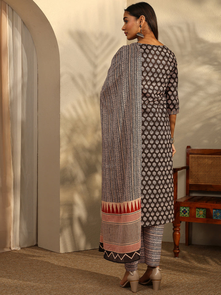 Black Printed Cotton Straight Suit With Dupatta