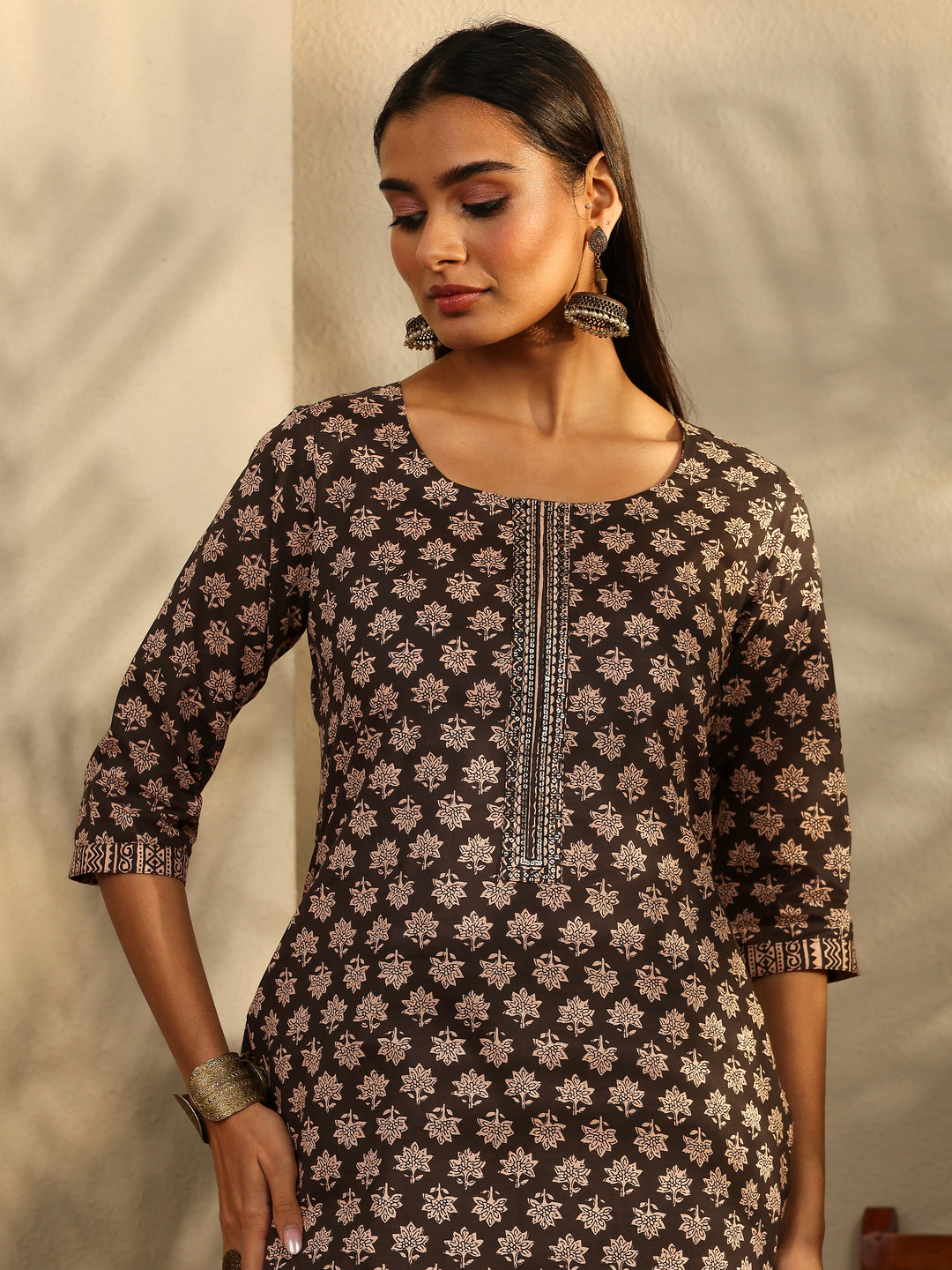 Black Printed Cotton Straight Suit With Dupatta