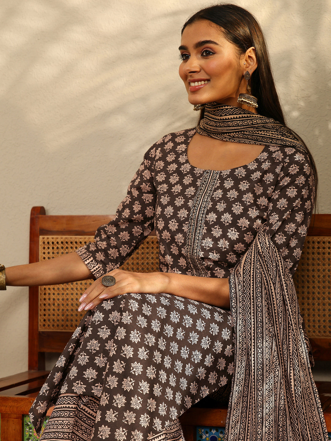 Black Printed Cotton Straight Suit With Dupatta