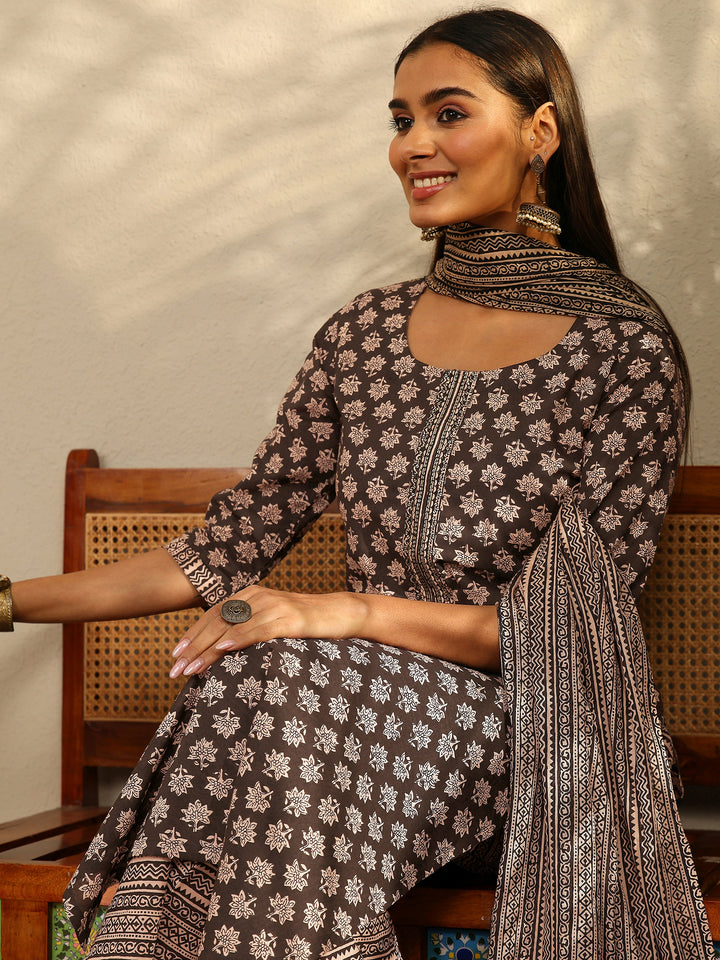 Black Printed Cotton Straight Suit With Dupatta