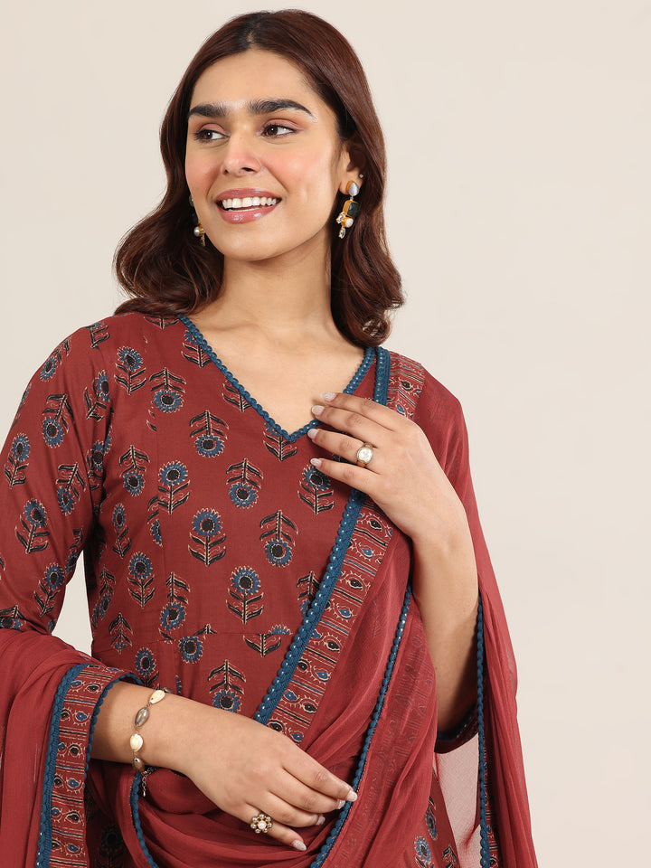 Maroon Printed Cotton A-Line Suit With Dupatta