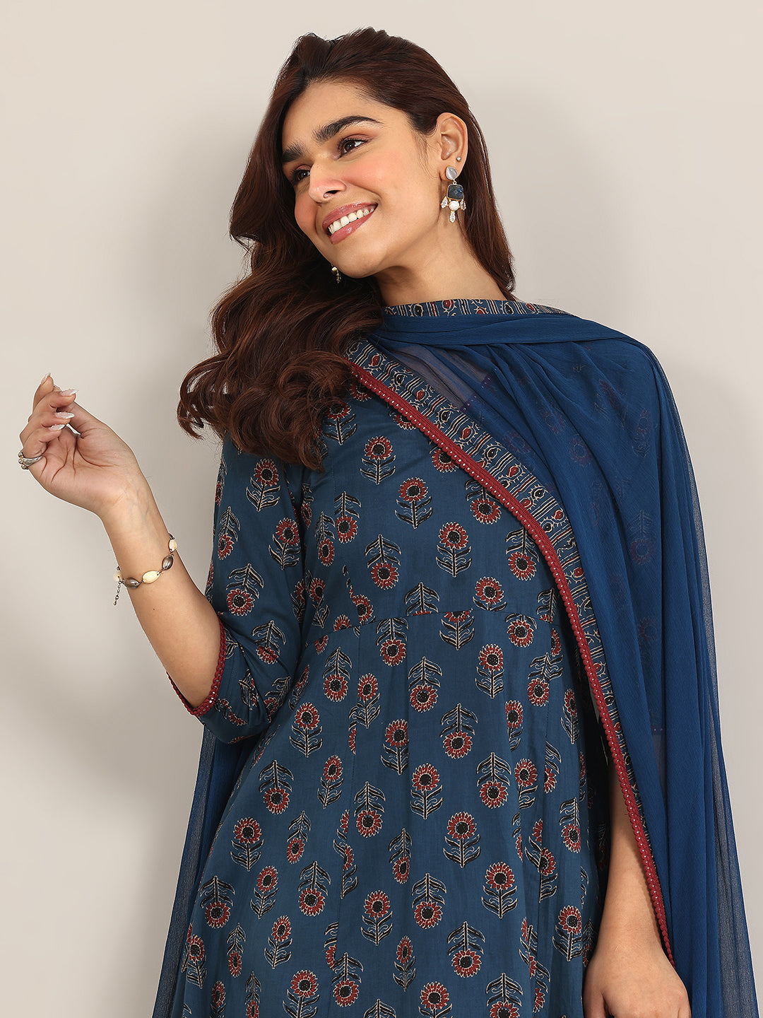Navy Blue Printed Cotton A-Line Suit With Dupatta