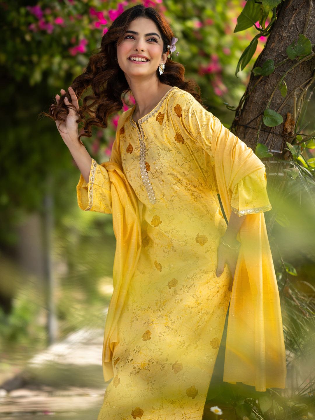 Yellow Printed Cotton Blend Straight Suit Set With Dupatta