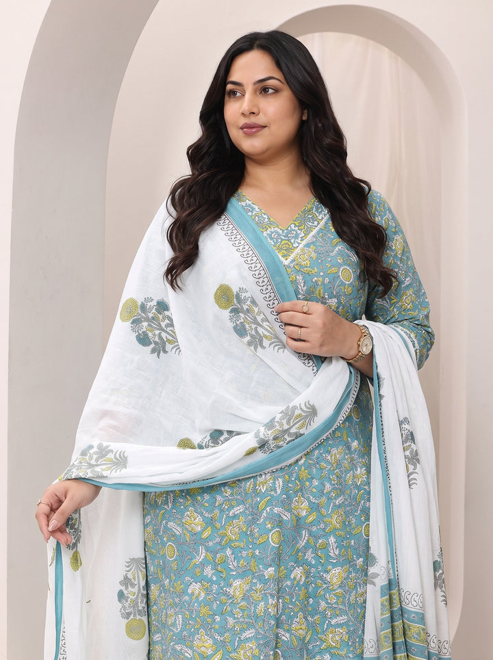 Plus Size Teal Blue Printed Cotton Straight Suit Set With Dupatta