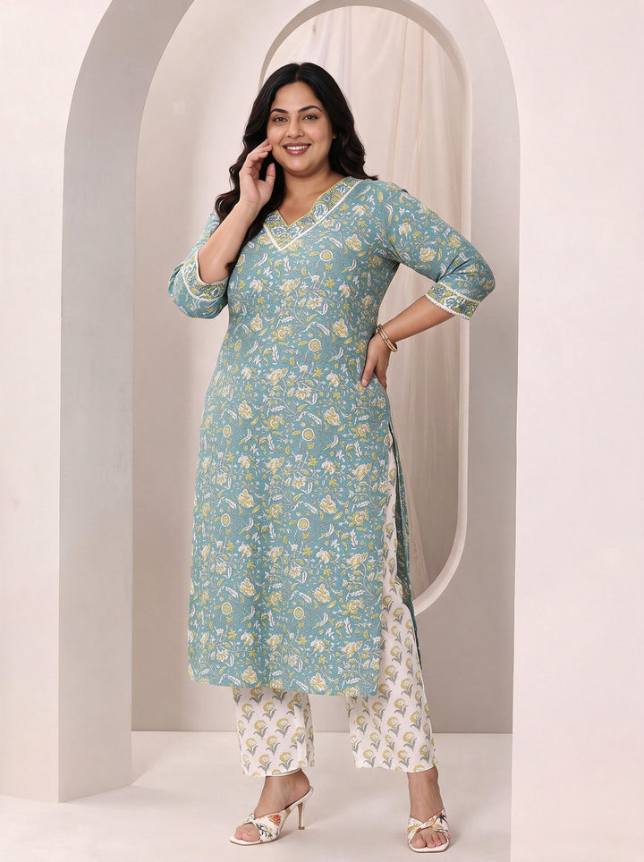 Plus Size Teal Blue Printed Cotton Straight Suit Set With Dupatta