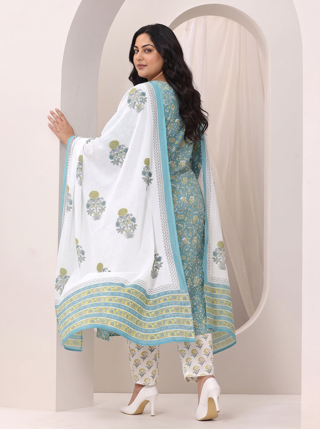 Plus Size Teal Blue Printed Cotton Straight Suit Set With Dupatta