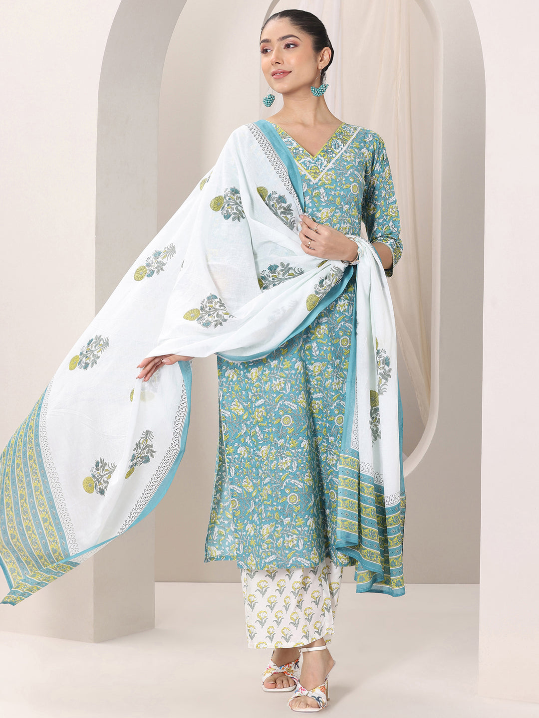 Teal Blue Printed Cotton Straight Suit Set With Dupatta