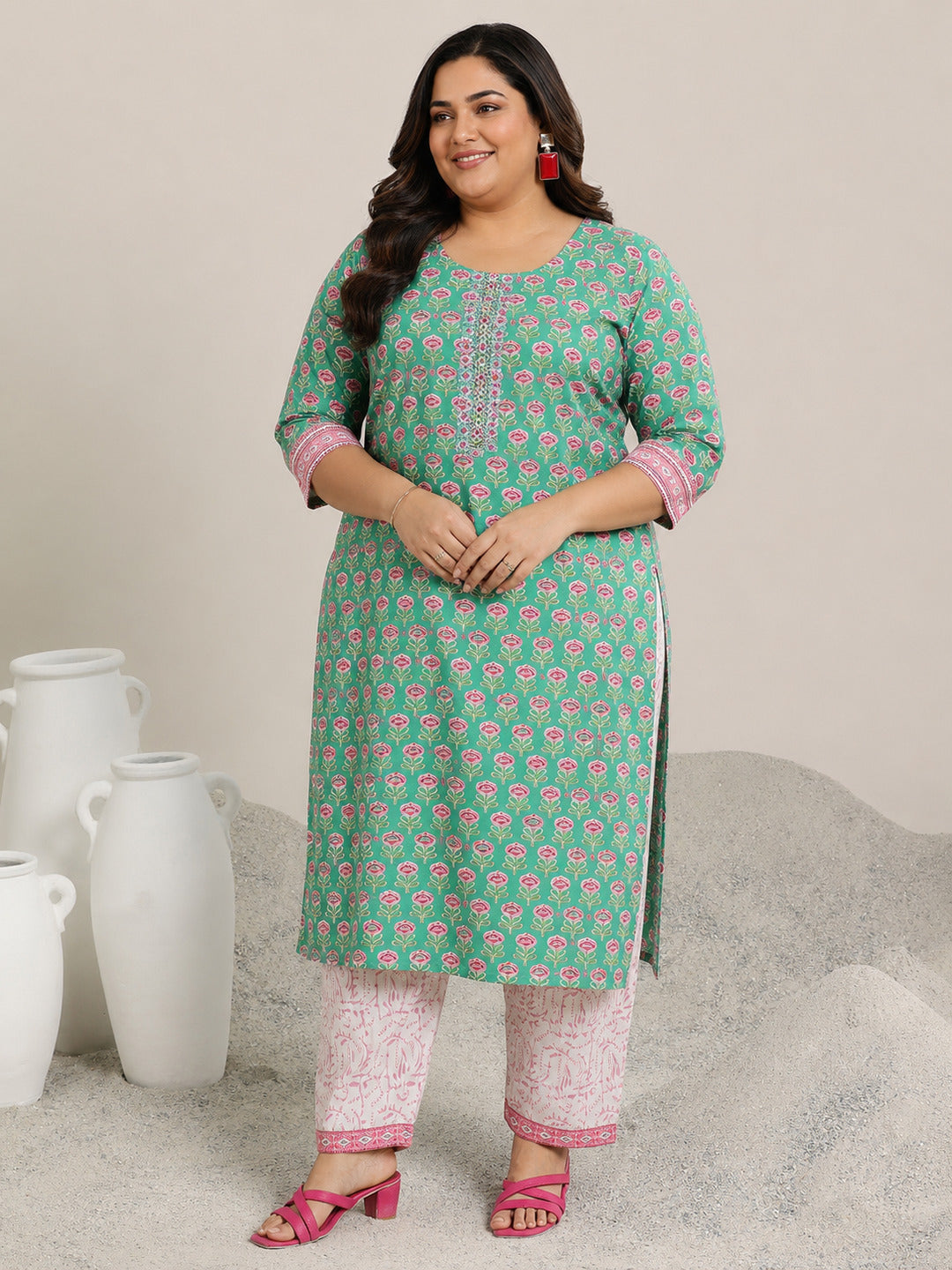 Plus Size Green Printed Cotton Straight Suit Set With Dupatta