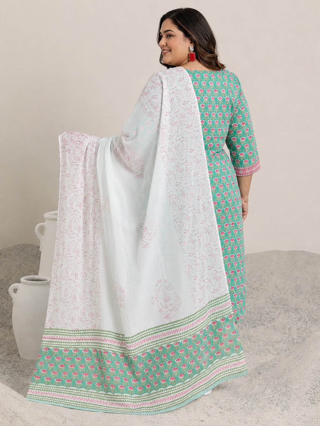 Plus Size Green Printed Cotton Straight Suit Set With Dupatta