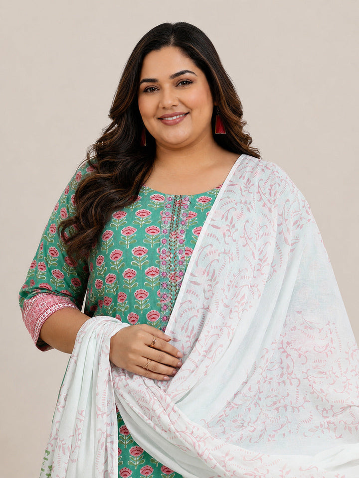 Plus Size Green Printed Cotton Straight Suit Set With Dupatta