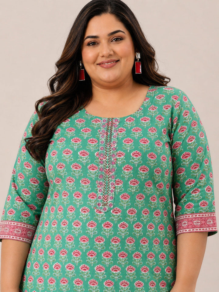 Plus Size Green Printed Cotton Straight Suit Set With Dupatta