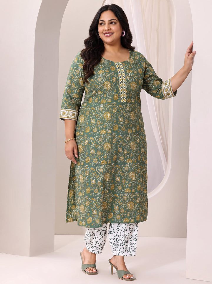 Plus Size Green Printed Cotton Straight Suit Set With Dupatta