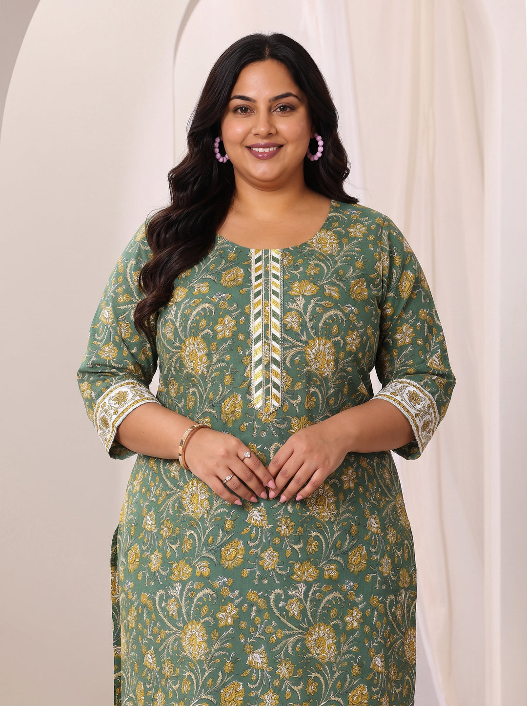 Plus Size Green Printed Cotton Straight Suit Set With Dupatta