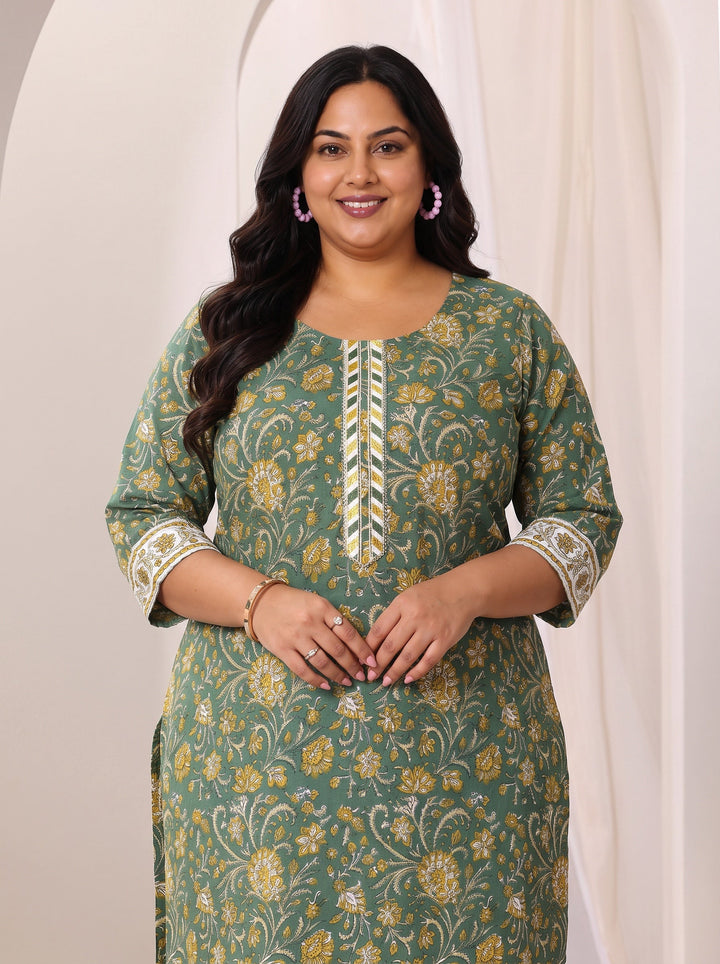 Plus Size Green Printed Cotton Straight Suit Set With Dupatta