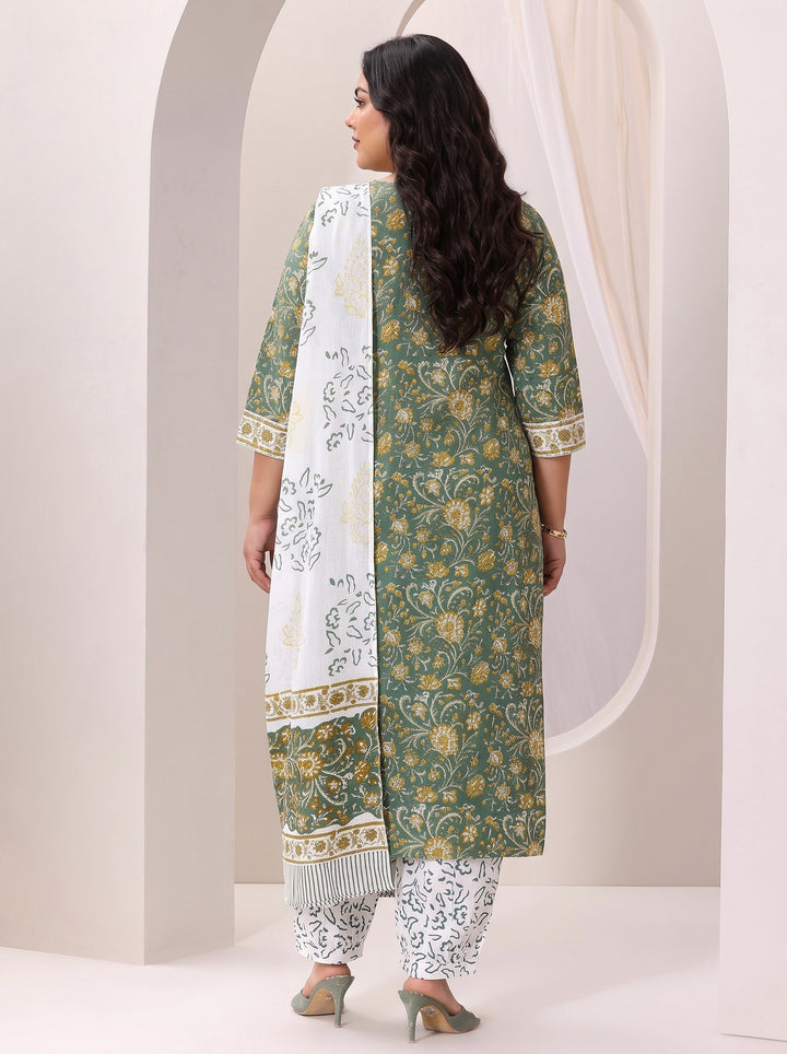 Plus Size Green Printed Cotton Straight Suit Set With Dupatta