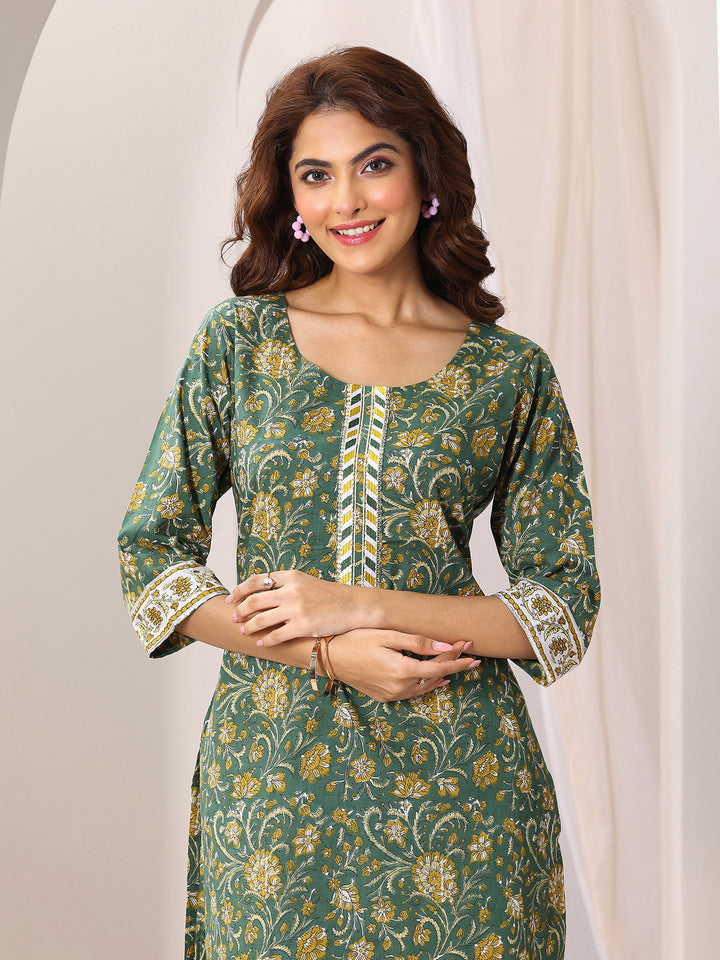 Green Printed Cotton Straight Suit Set With Dupatta