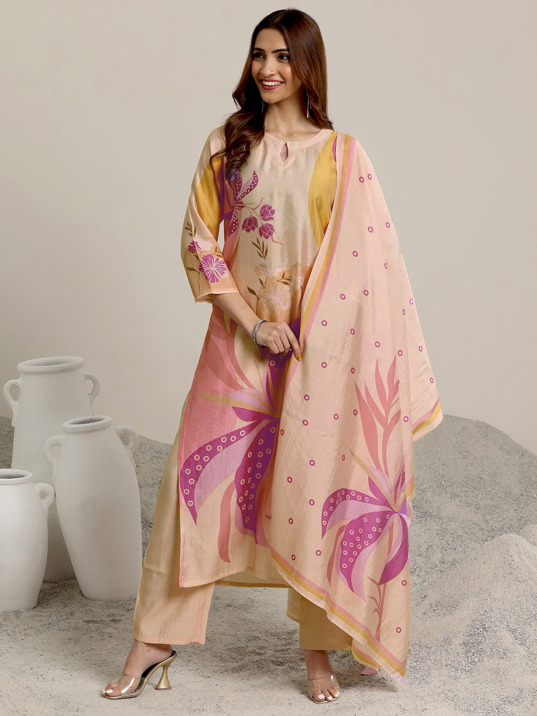 Peach Printed Silk Blend Straight Suit Set With Dupatta