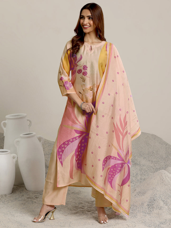 Peach Printed Silk Blend Straight Suit Set With Dupatta