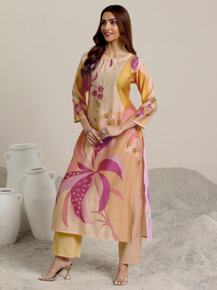 Peach Printed Silk Blend Straight Suit Set With Dupatta