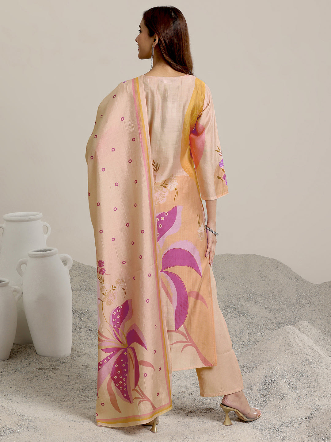 Peach Printed Silk Blend Straight Suit Set With Dupatta