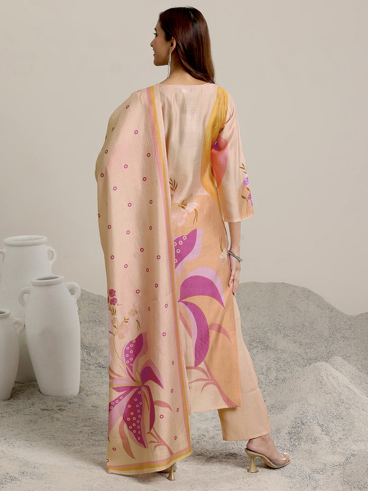 Peach Printed Silk Blend Straight Suit Set With Dupatta