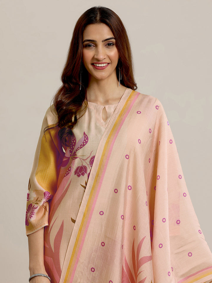 Peach Printed Silk Blend Straight Suit Set With Dupatta