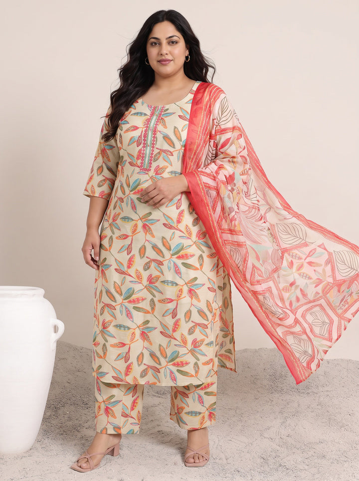 Plus Size Off white Printed Silk Blend Straight Suit Set With Dupatta