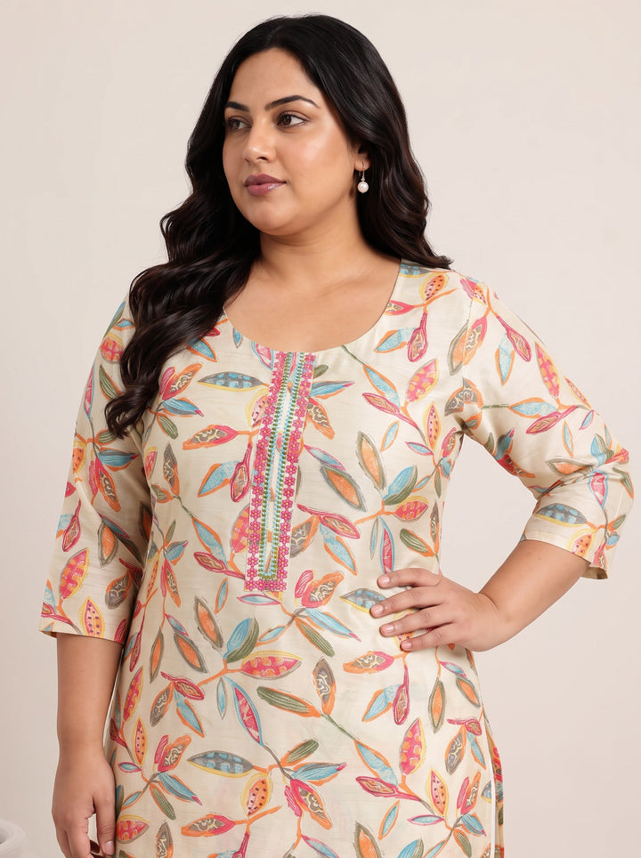 Plus Size Off white Printed Silk Blend Straight Suit Set With Dupatta