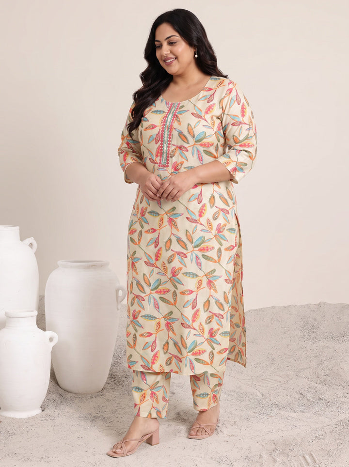 Plus Size Off white Printed Silk Blend Straight Suit Set With Dupatta