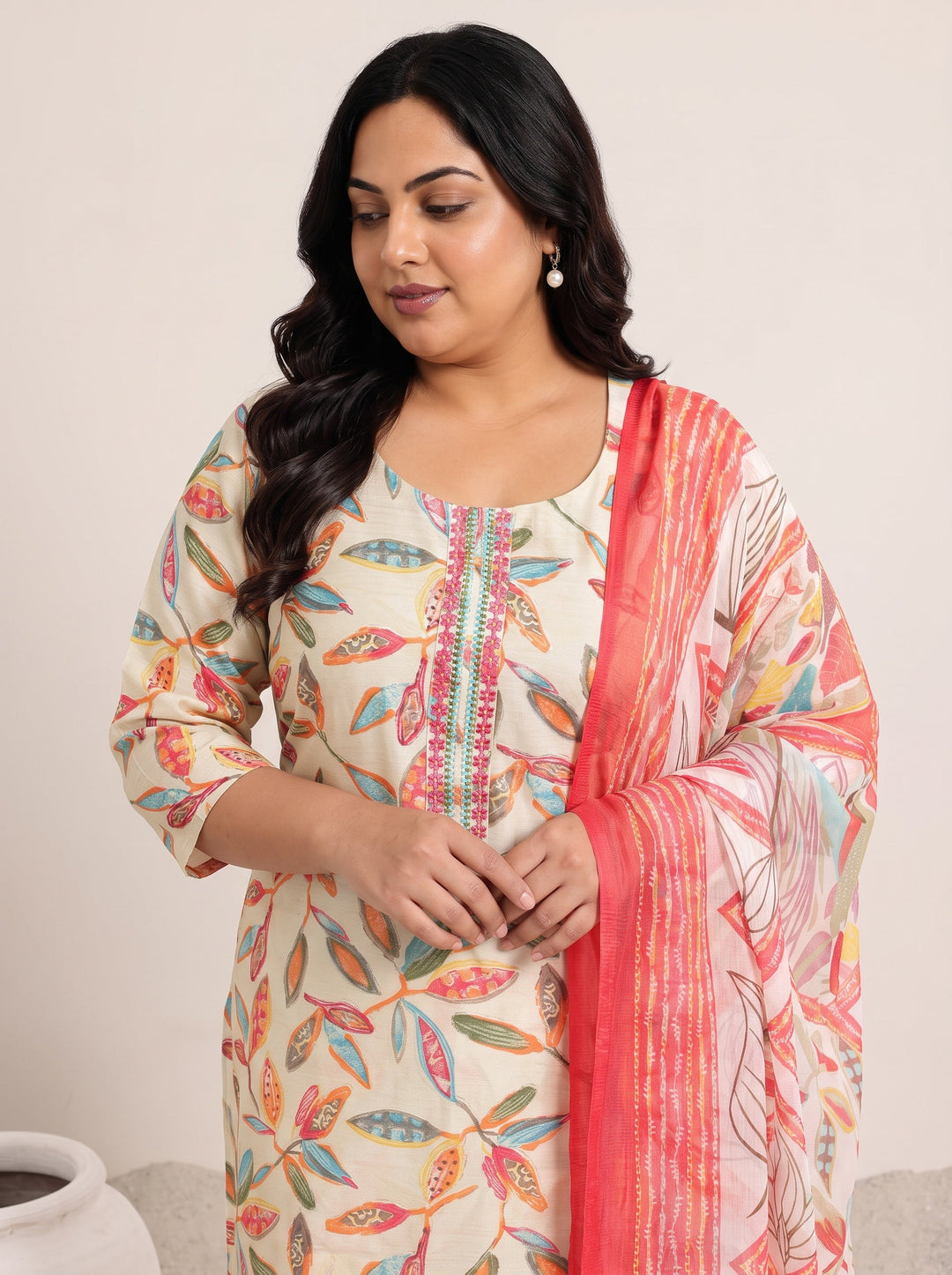 Plus Size Off white Printed Silk Blend Straight Suit Set With Dupatta