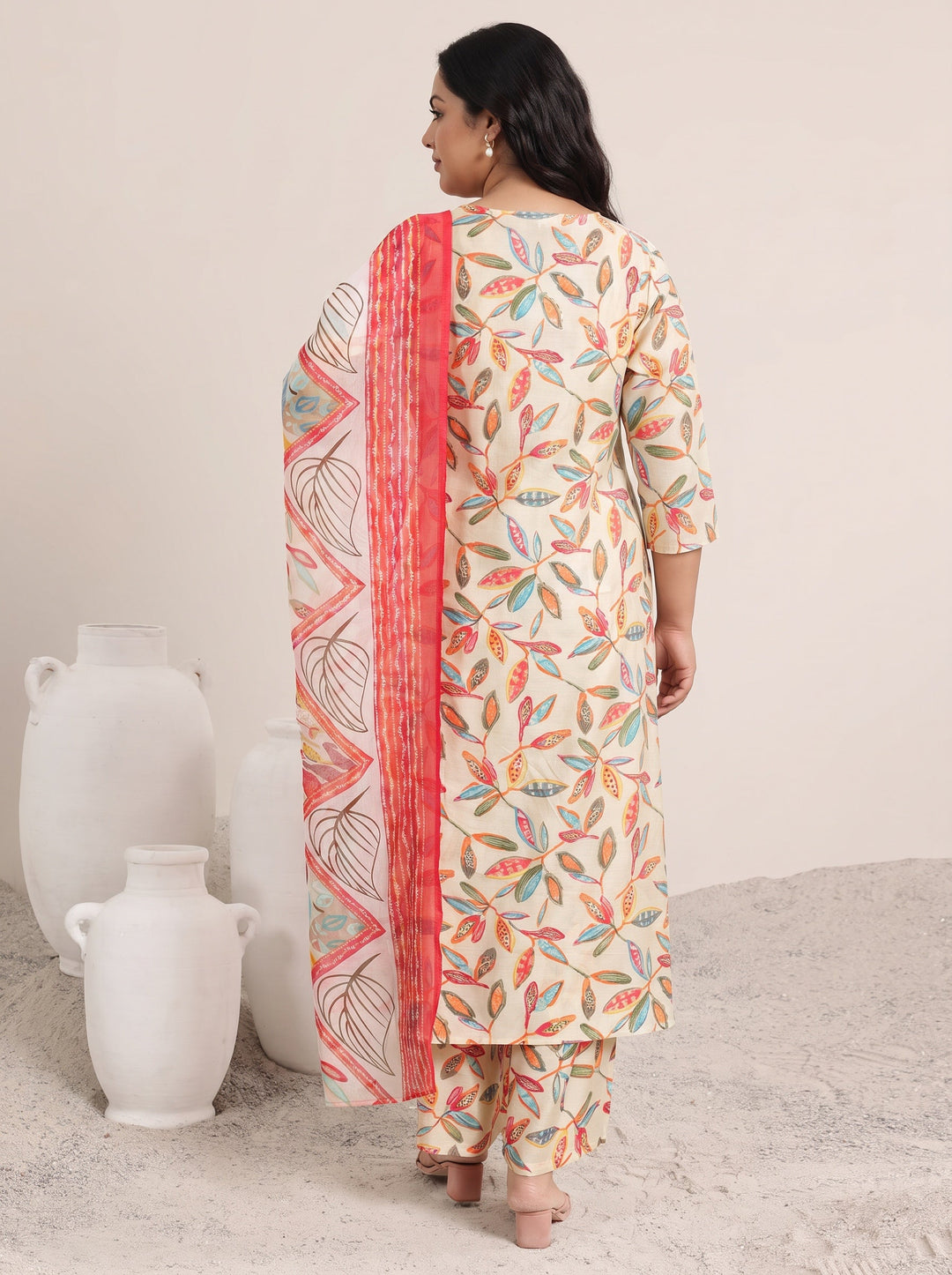 Plus Size Off white Printed Silk Blend Straight Suit Set With Dupatta