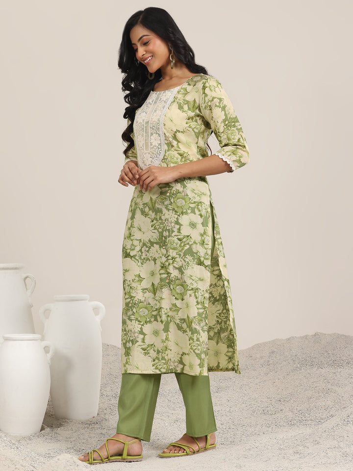 Green Printed Silk Blend Straight Suit With Dupatta