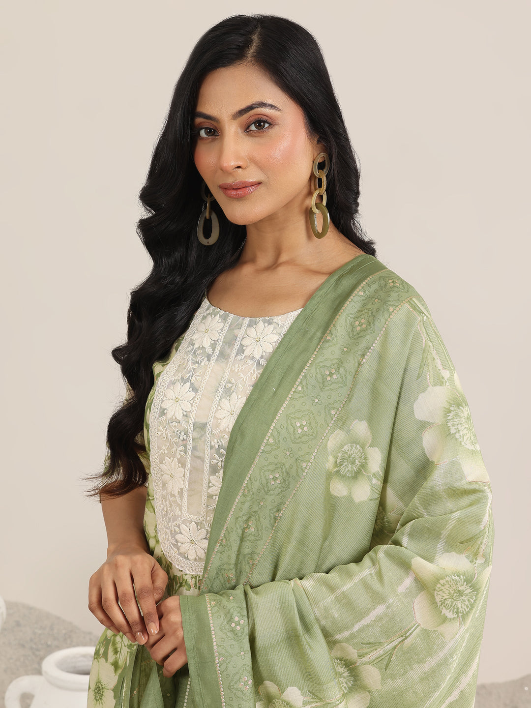 Green Printed Silk Blend Straight Suit With Dupatta