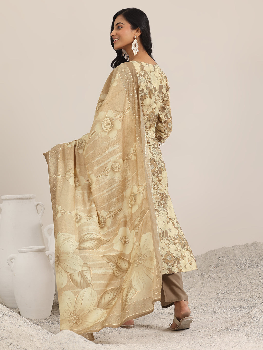 Brown Printed Silk Blend Straight Suit With Dupatta