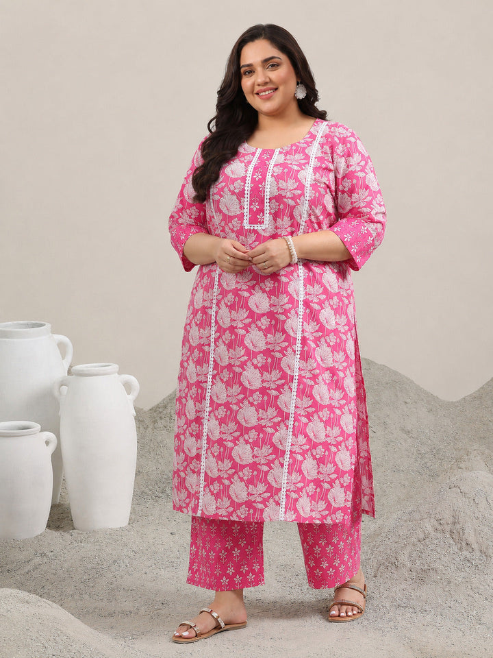 Plus Size Pink Printed Cotton Straight Suit With Dupatta