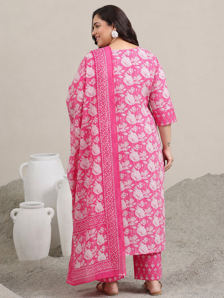 Plus Size Pink Printed Cotton Straight Suit With Dupatta