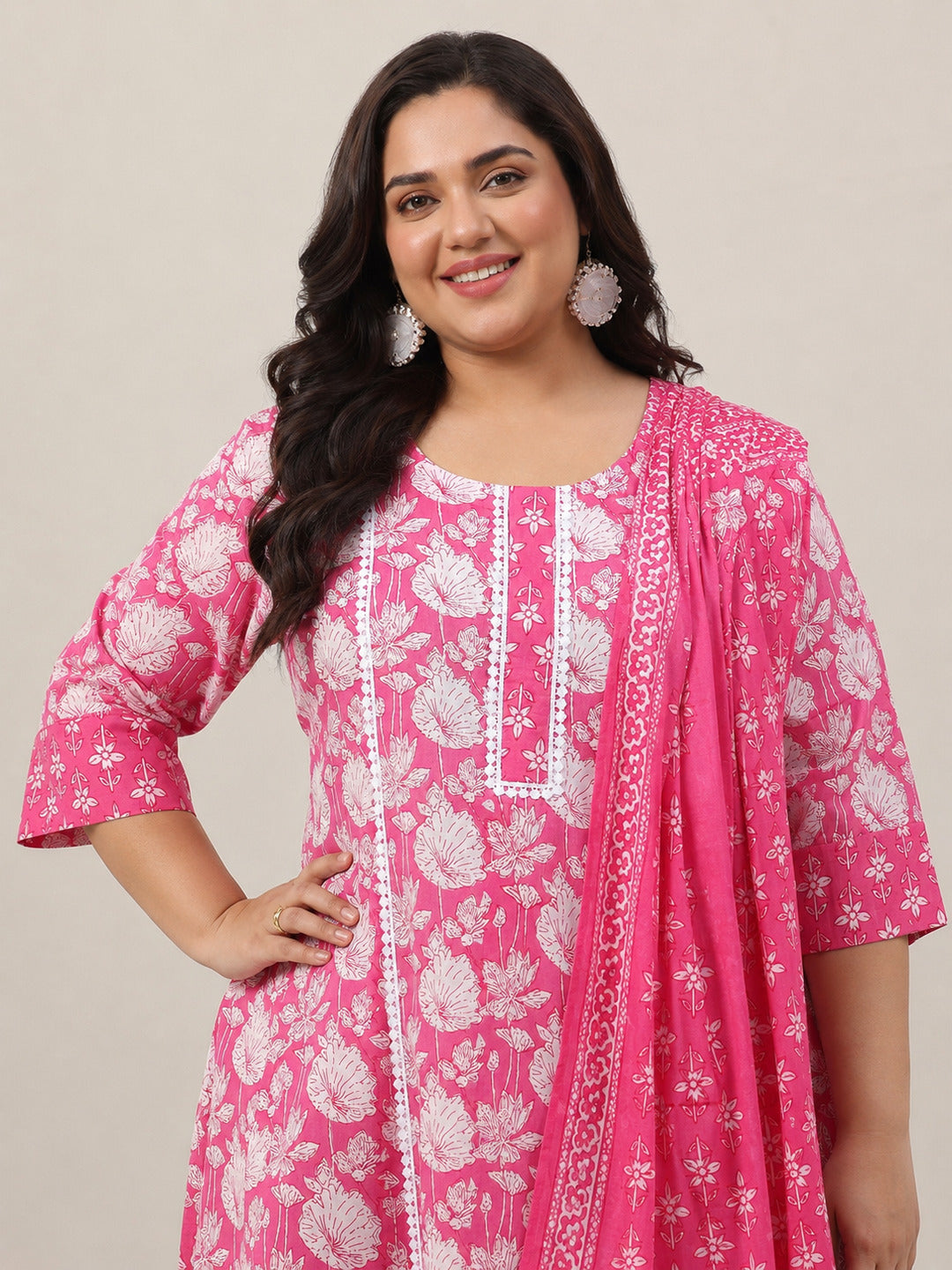 Plus Size Pink Printed Cotton Straight Suit With Dupatta