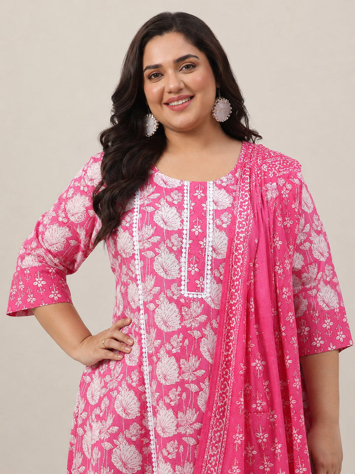 Plus Size Pink Printed Cotton Straight Suit With Dupatta