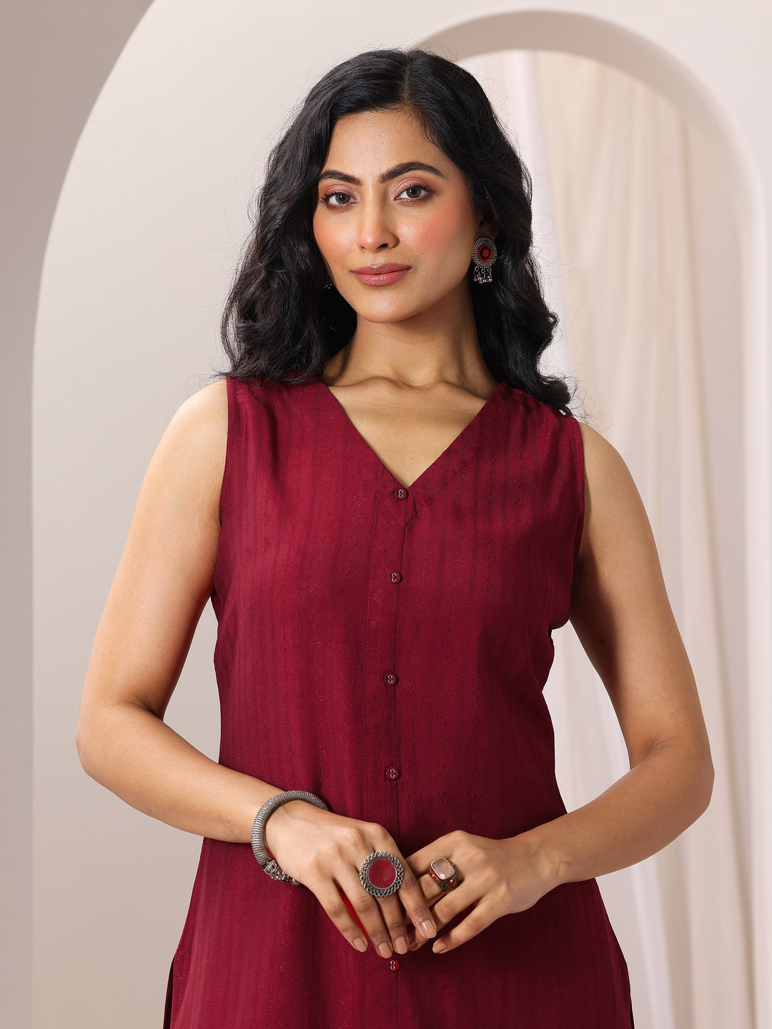 Maroon Woven Design Silk Blend Straight Suit Set With Dupatta