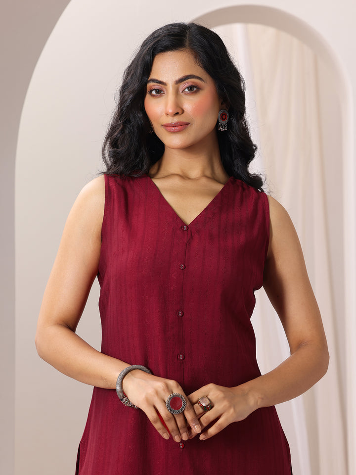 Maroon Woven Design Silk Blend Straight Suit Set With Dupatta