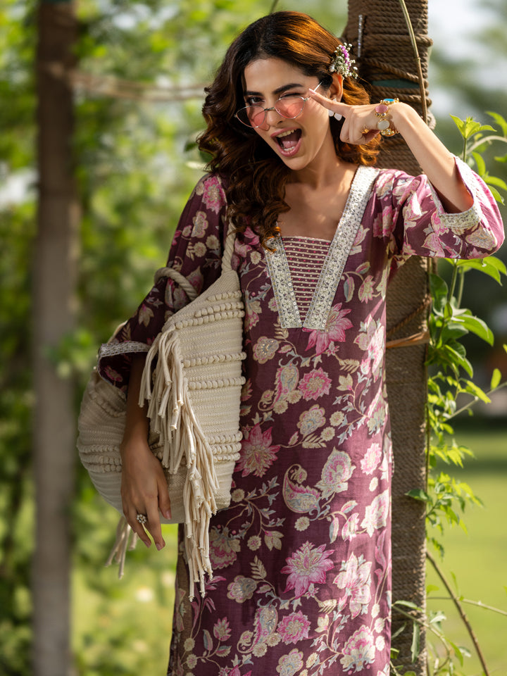 Mauve Printed Silk Blend Straight Kurta Set