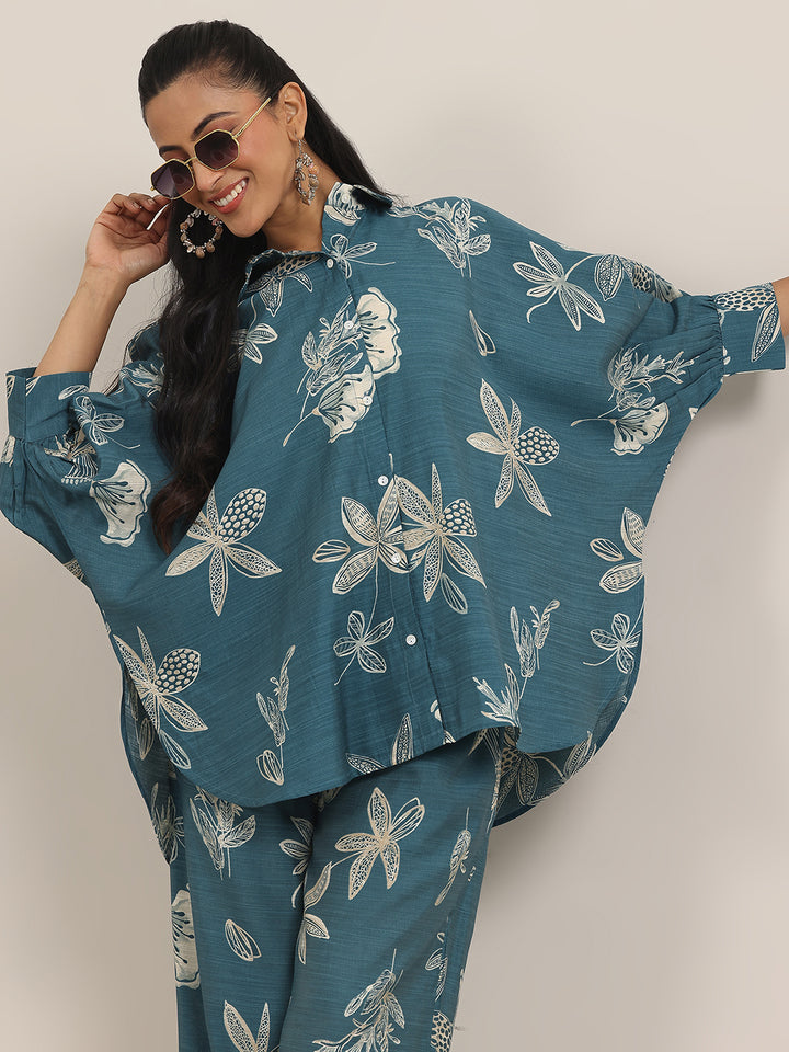 Blue Printed Silk Blend Co-Ord Sets