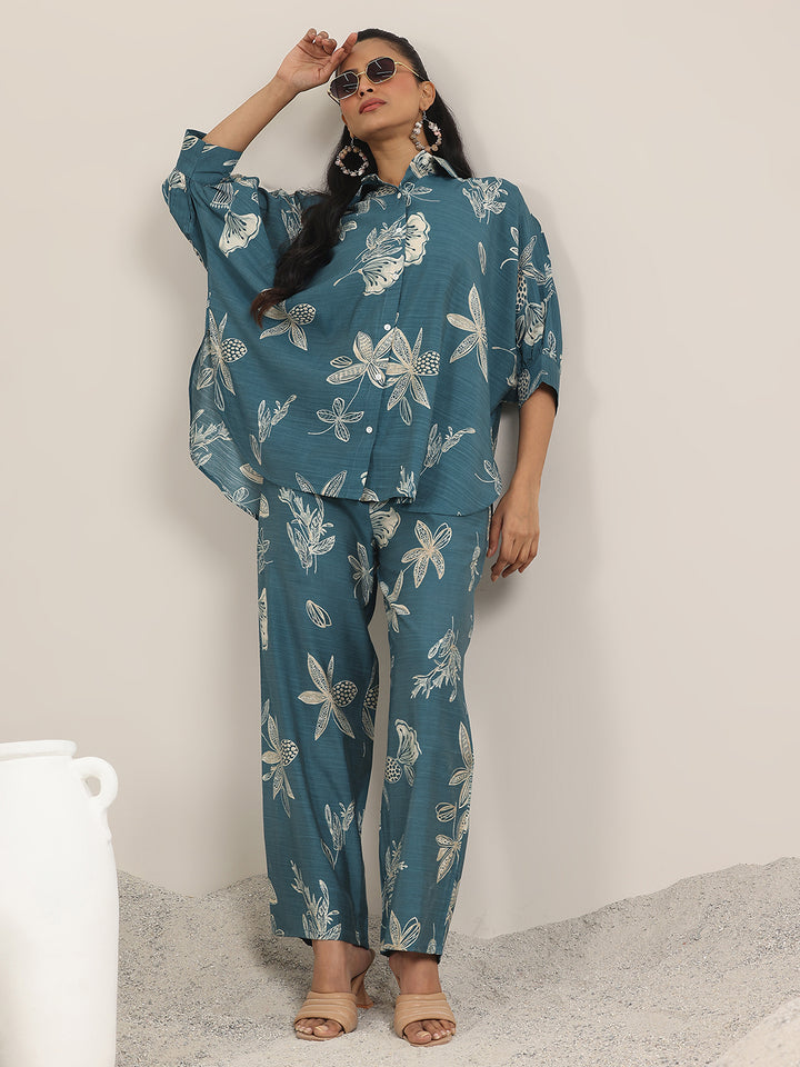 Blue Printed Silk Blend Co-Ord Sets